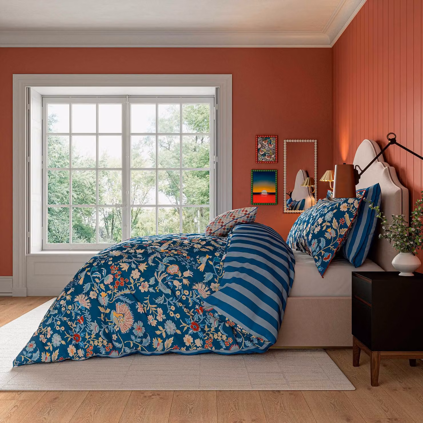 Land & Shore Seaforde Kingsize Reversible Floral Cotton Duvet Cover and Pillowcase Set, Blue/Red, W: 180 cm, L: 200 cm – 2