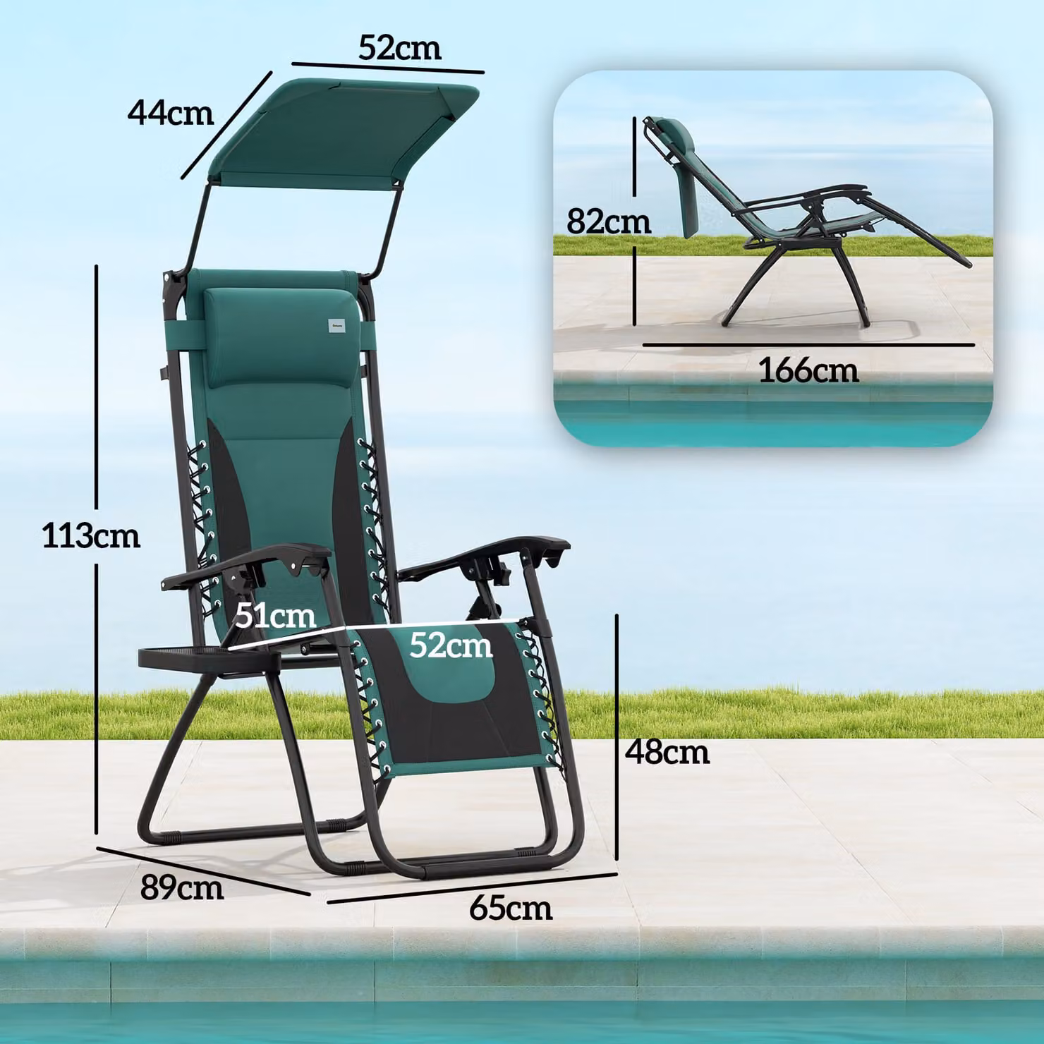 Outsunny Zero Gravity Lounger Chair in Green with Sun Canopy, Adjustable Headrest and Cup Holders – 3