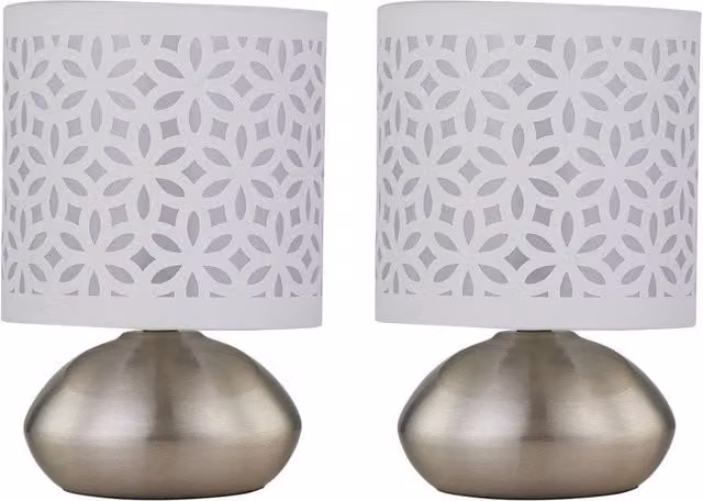 First Choice Lighting Jenson Set of 2 Dimmable Touch Table Lamps in Brushed Chrome with White Fabric Shades