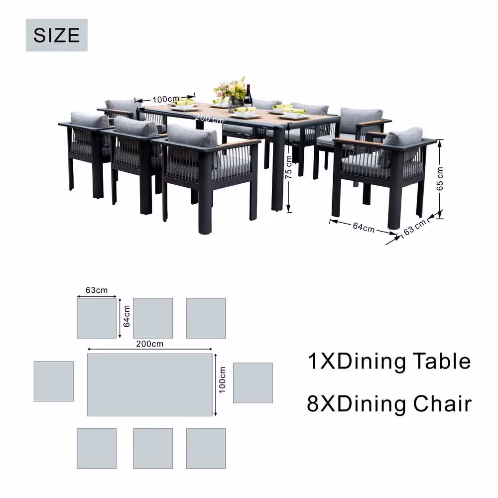 MIMO Grey Aluminum Outdoor Garden Dining Table Set with 8 Teak Armrest Chairs – 5