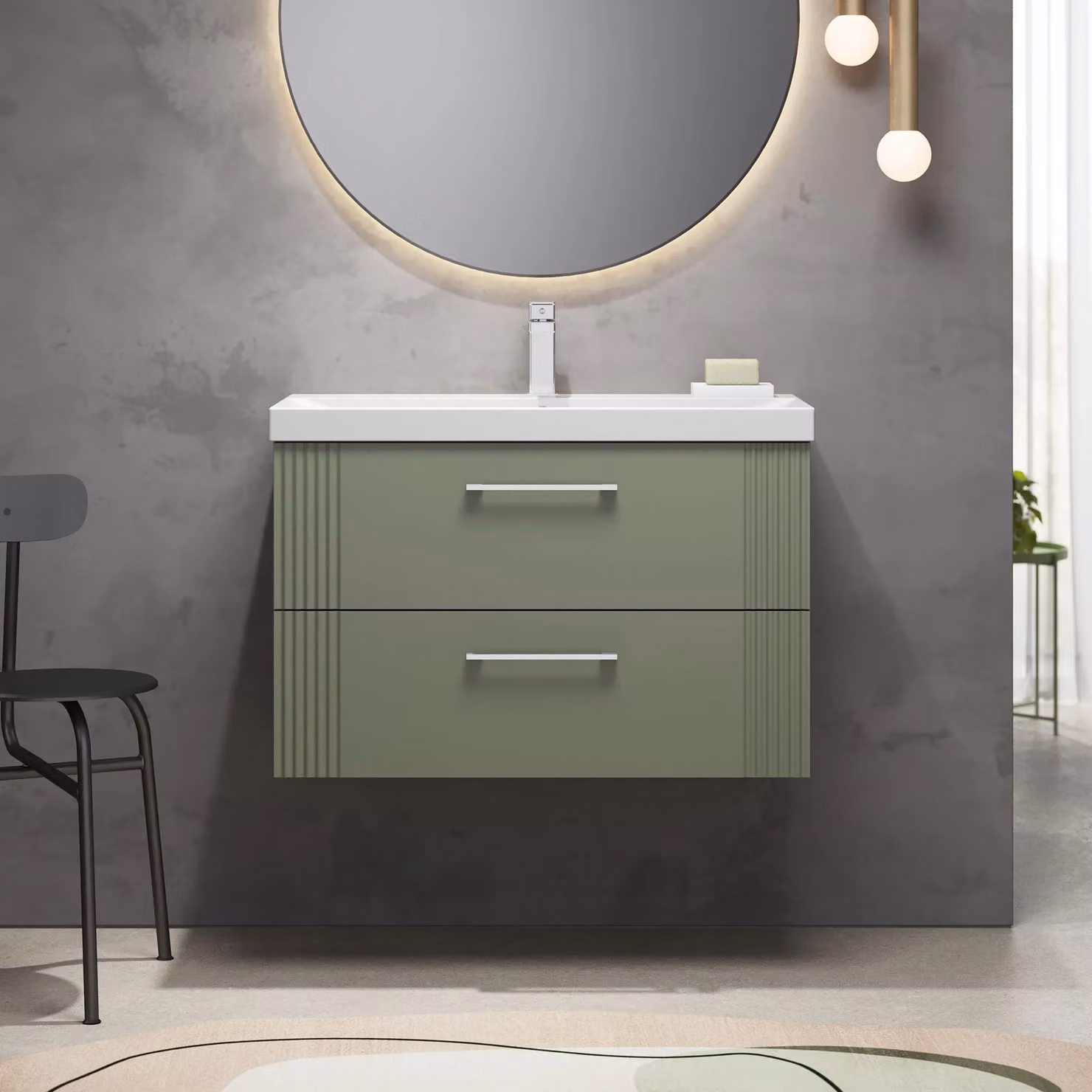 Balterley Wall Hung 2 Drawer Vanity Unit with Thin-Edge Basin, Satin Green, Width: 80 cm – 2