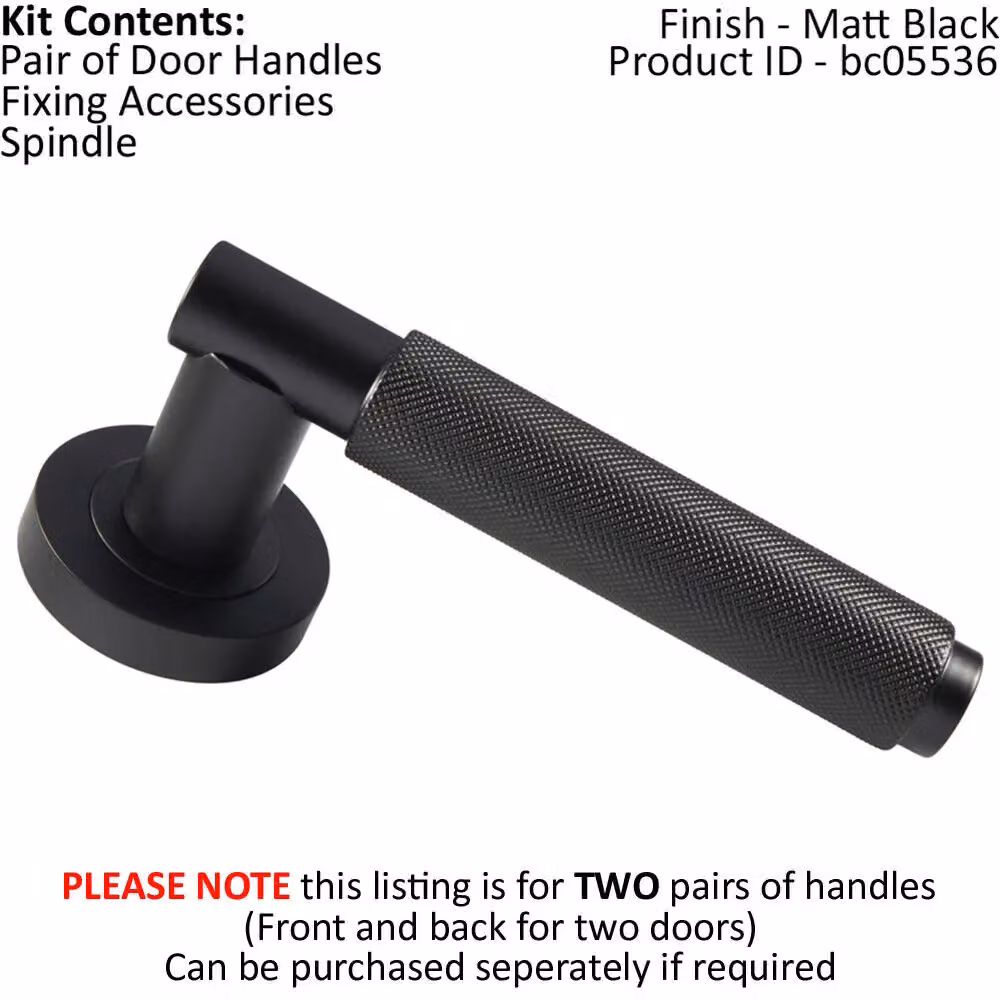 Loops 2x Pair Knurled Grip Round Bar Handles with Round Rose in Matt Black with Concealed Fixings – 2