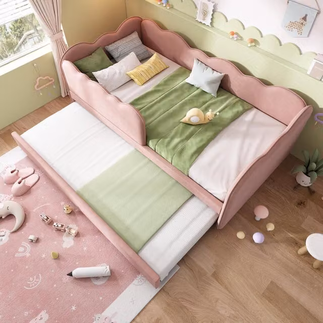 Aosom UK Pink Upholstered Daybed with Pull-Out Trundle and Iron Frame, W/D/H: 197 x 99 x 70 cm – 1