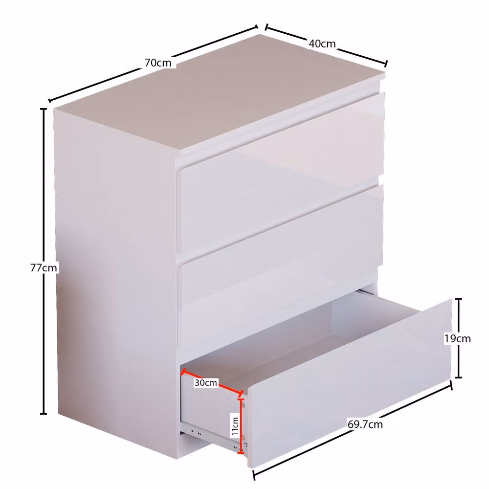 HD Designs Glinton 3 Drawer Chest of Drawers in White High Gloss – 2