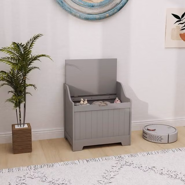 HOMCOM Modern Wooden Storage Chest with Safety Hinge in Grey