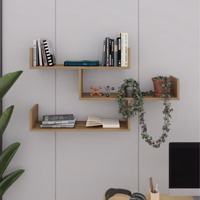 Decortie Tibet Wall Mounted Modern Bookcase Display Unit in Brown, W: 120 cm, H: 66.4 cm