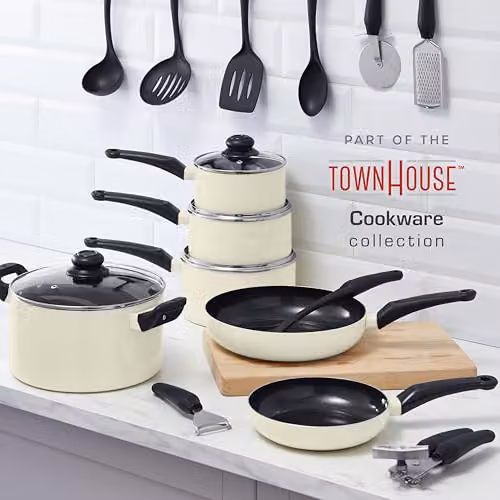 Swan Townhouse 3 Piece Ceramic Saucepan Set with Glass Lids and Bakelite Handles, Beige – 4