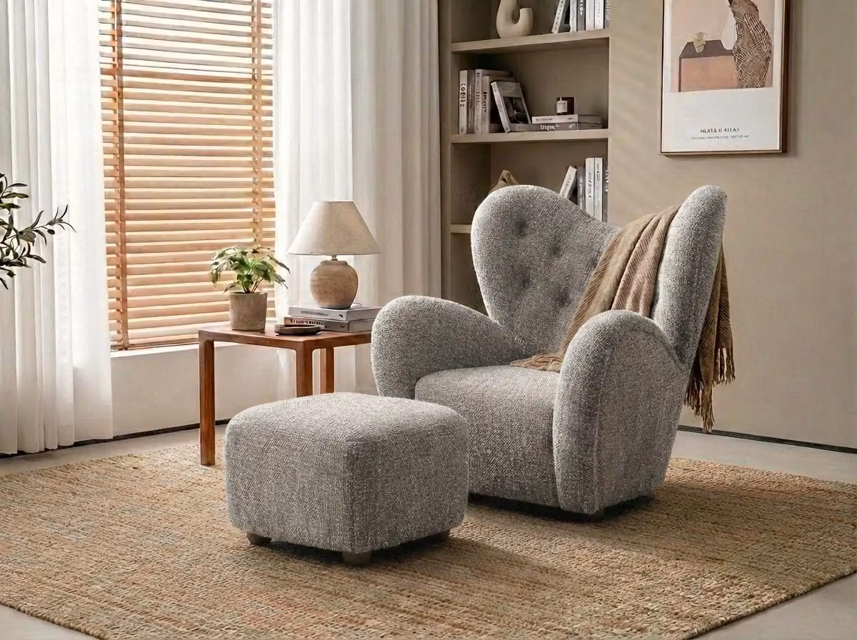 Araco Atelier Teddy Armchair in Ashlar Beige and Grey Bouclé