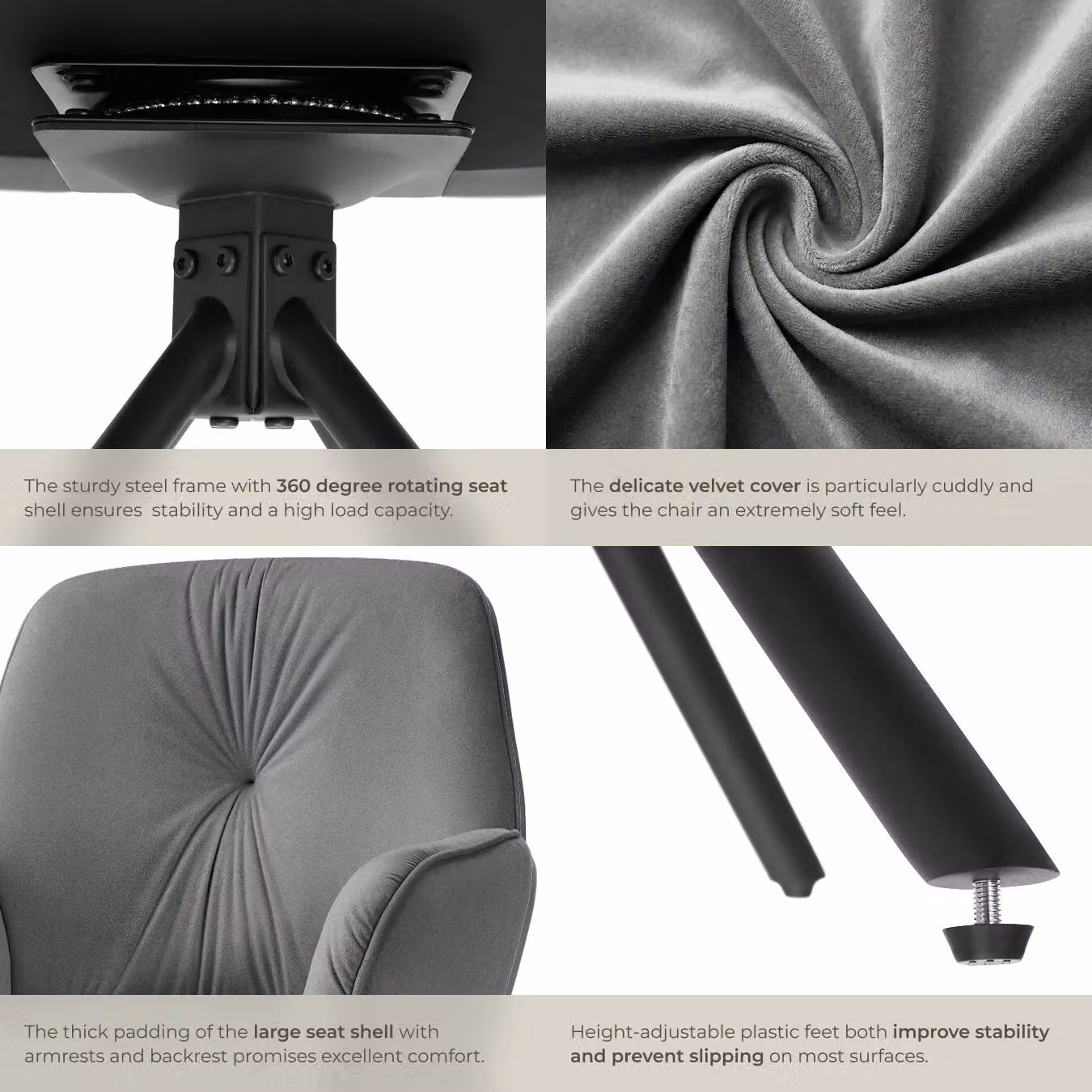 tectake Lenia Set of 2 Swivel Chairs in Dark Grey Velvet Look with Anthracite and Black Accents – 5