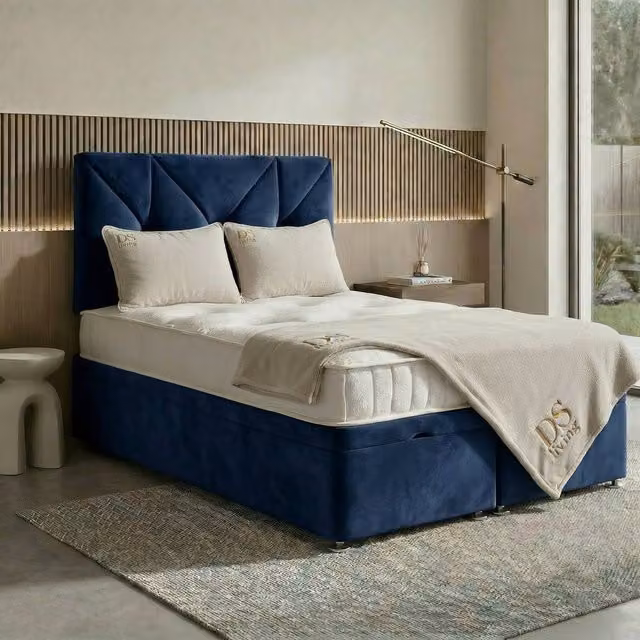 DS Living Eclipse Blue Velvet Upholstered Ottoman Bed with Lift Up Base, W/D/H: 140 x 200 cm – 1