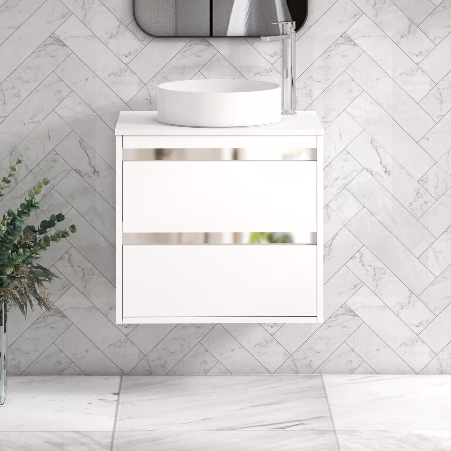 Royal Bathrooms Orion 600mm Matt White Wall Hung 2 Drawer Vanity Unit with Art Basin and Chrome Accent Trim