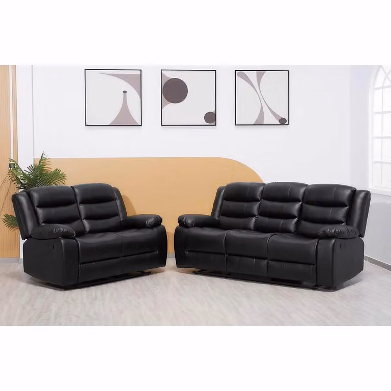 LUXURY LIFE Roma Leather Recliner Sofa Set in Black with 3-Seater and 2-Seater Upholstered Pieces