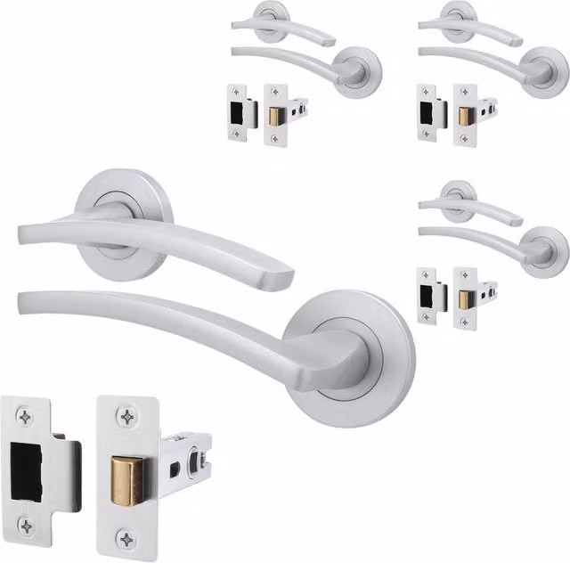 AFIT Satin Chrome Door Handle and Latch Set, 4 Pack, Silver – 1