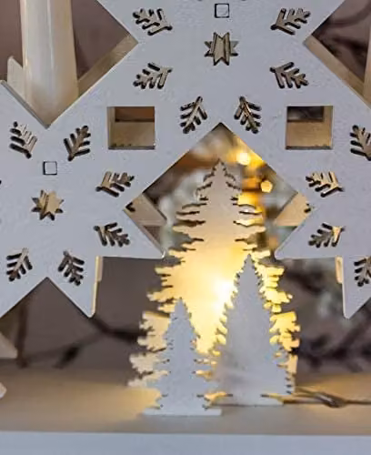 Marco Paul Interiors White LED Christmas Candle Bridge with 5 Battery Operated Faux Candles and Snowflake Decoration – 4