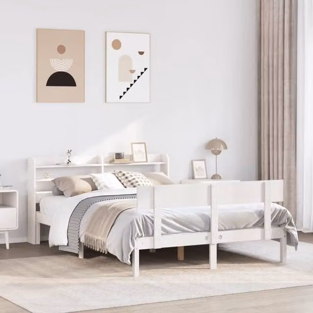Berkfield Home White Solid Wood Pine Bed Frame with Side Compartments W/D/H: 140 x 190 cm