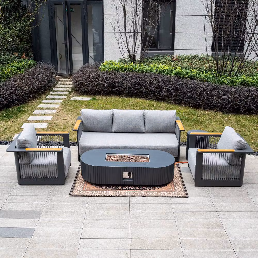 MIMO Garden Grey Rope Weave Sofa Set with Terrafab Fire Pit Table and Upholstered Cushions – 4