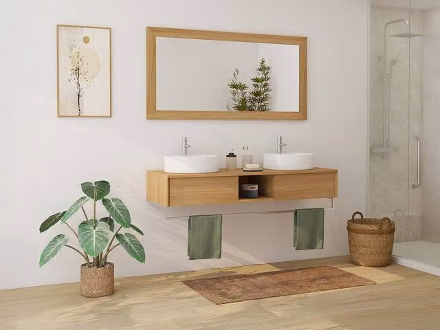 Vente-unique Suspended Teak Bathroom Vanity Unit with Towel Rail and Double Round Sinks in Light Oak – 1