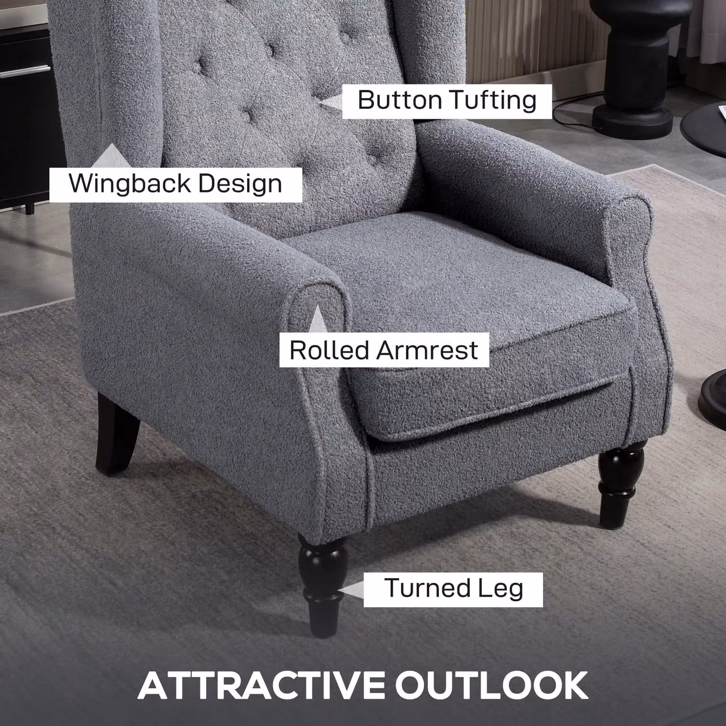 HOMCOM Retro Tufted Fabric Accent Armchair with Armrests in Grey – 4