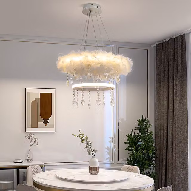 Livingandhome Double-Layer Feather and Crystal LED Suspended Pendant Light in White