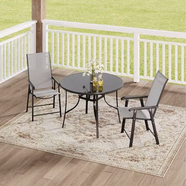 Komore Black Round Tempered Glass Outdoor Table and 2 Foldable Chairs Set