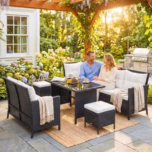 Outsunny 6 Piece L-Shape Rattan Garden Furniture Set with Ottoman and Coffee Table, Black and Grey – 8