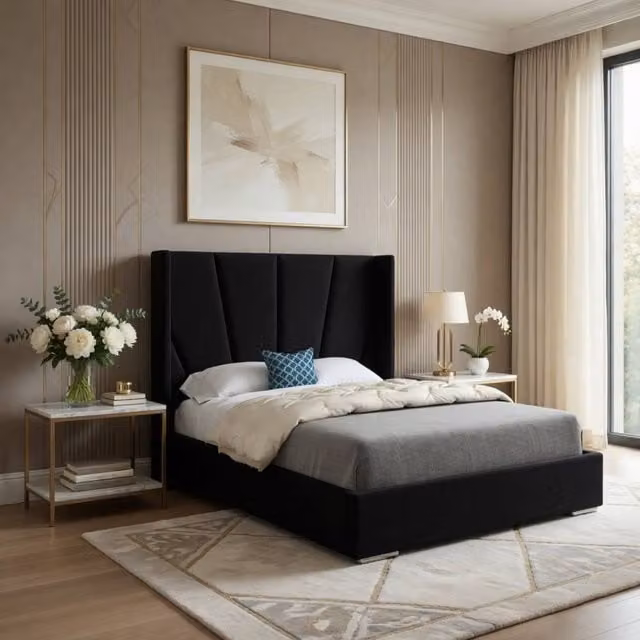 KDMD Glapthorn Wide Curved Designer Bed Frame in Black Soft Velvet, Single, W/D/H: 90 x 200 cm