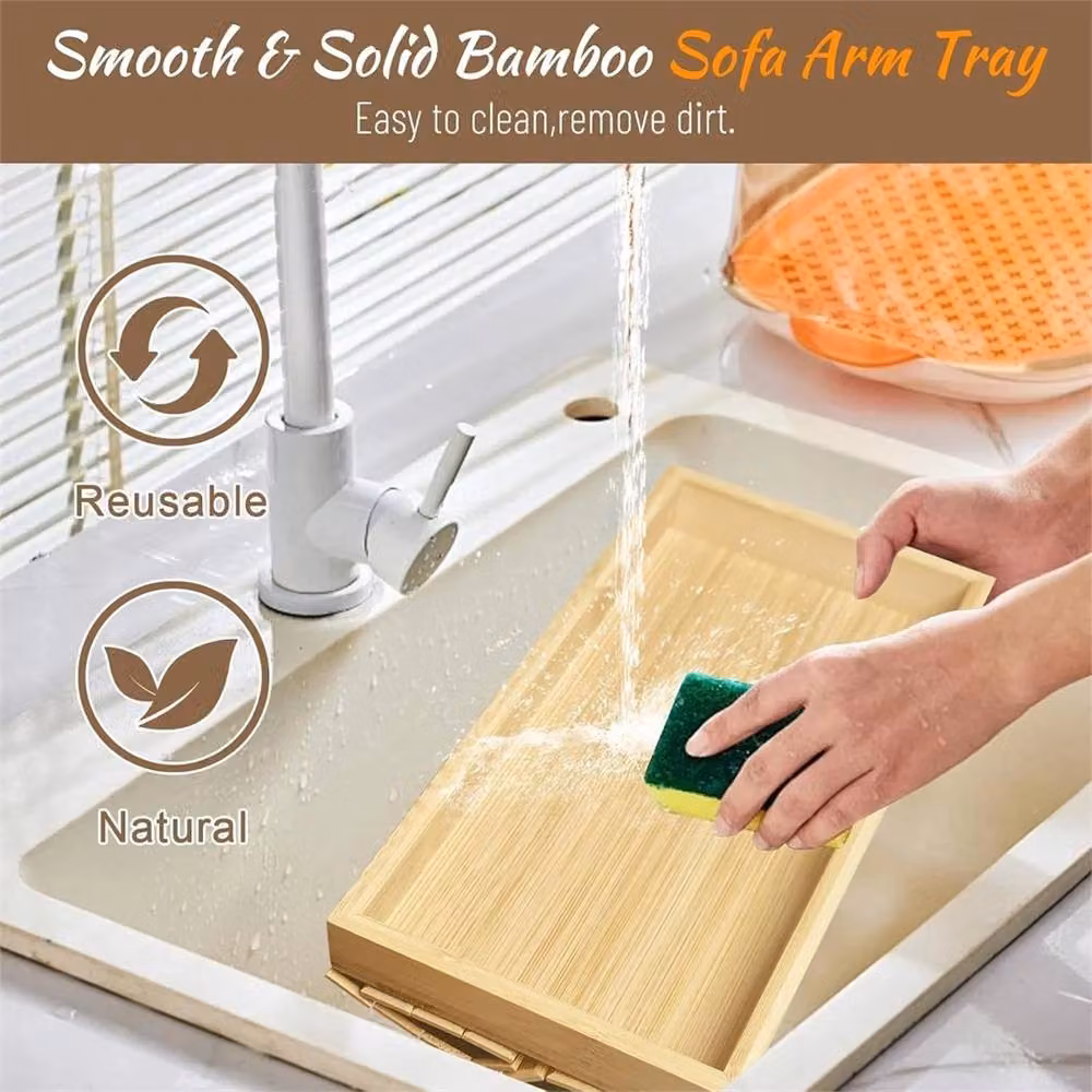 Nordara Bamboo Sofa Arm Rest Organiser Remote Control Holder Tray in Beige – 3