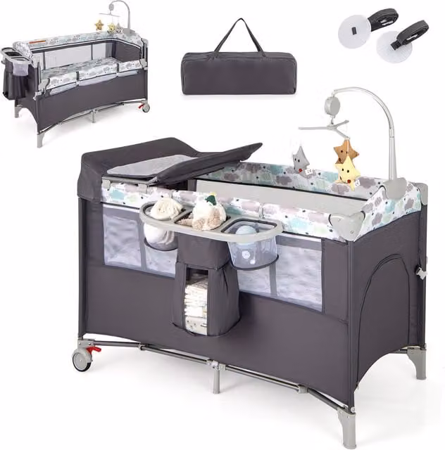 Costway 5-in-1 Portable Baby Bassinet Crib and Bedside Sleeper with Drop Side and Side Compartments in Grey