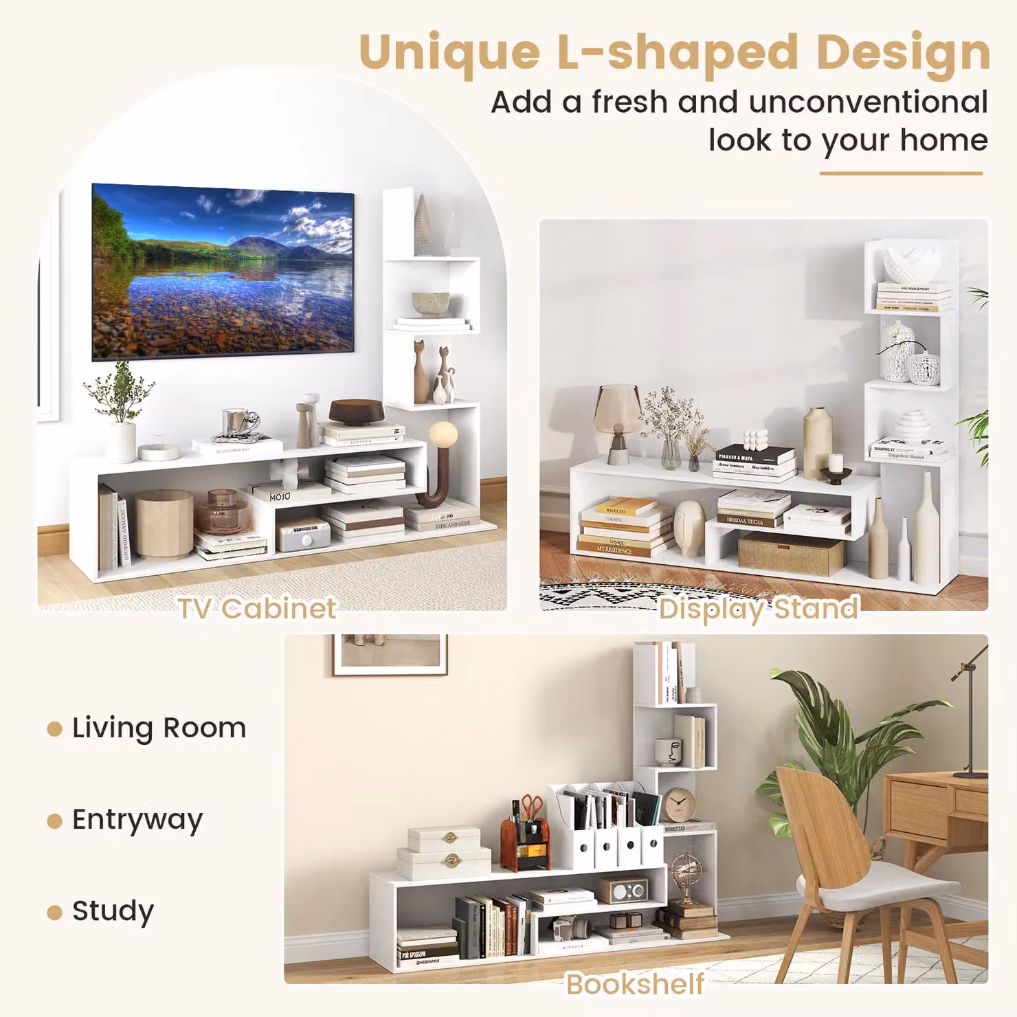 Gymax L-shaped Media Console Table with Open Shelves in White – 3