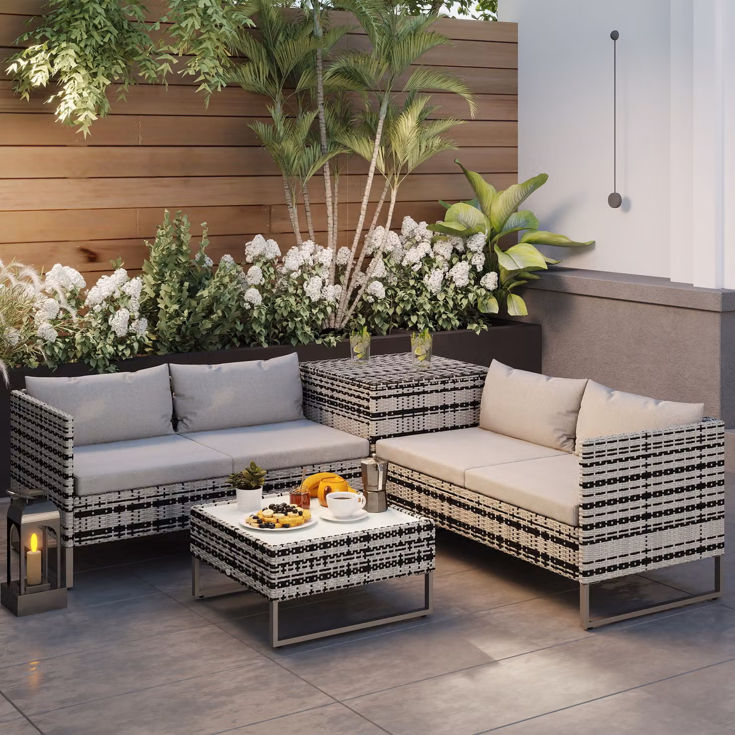 Outsunny 4-Piece All Weather Rattan Wicker L-Shape Outdoor Corner Sofa Set with Cushions and Side Storage in Mixed Grey – 1