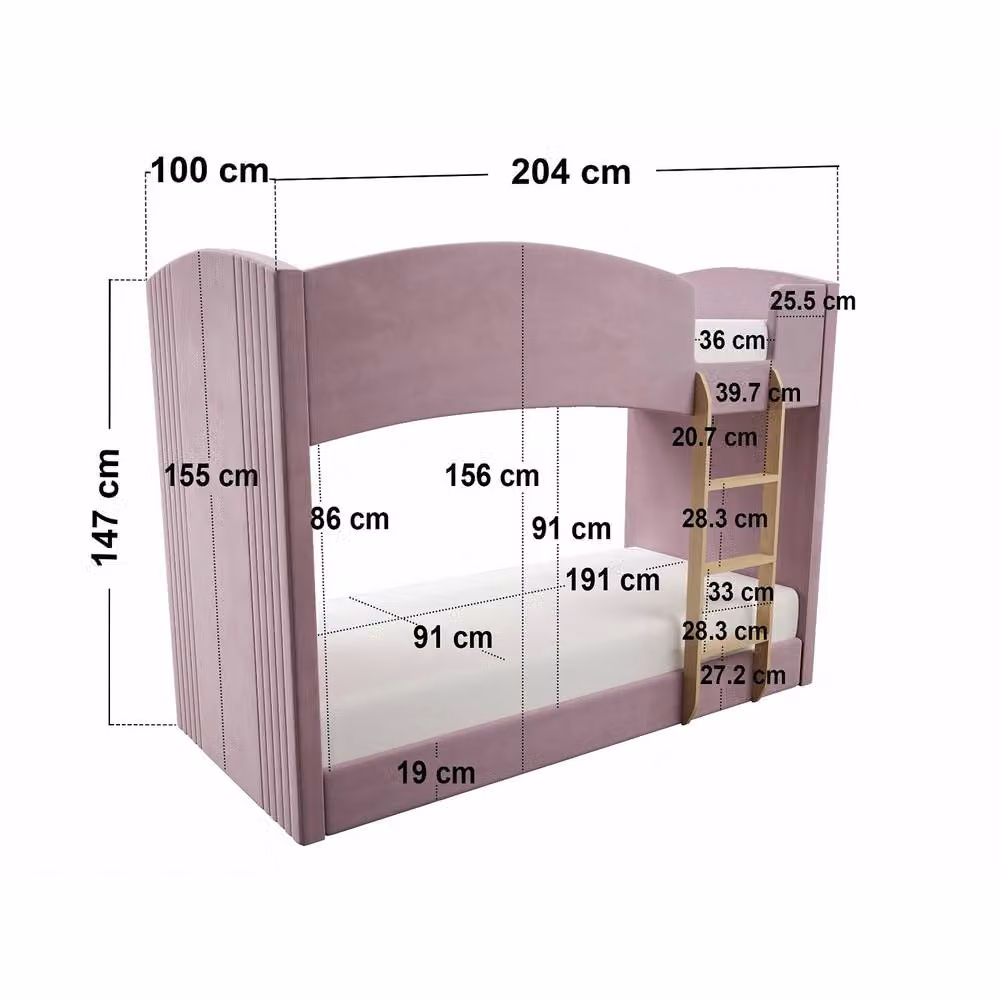 Flair Zoey Upholstered Pink Velvet Bunk Bed for Children W/D/H: 190 x 90 x 156 cm – 3