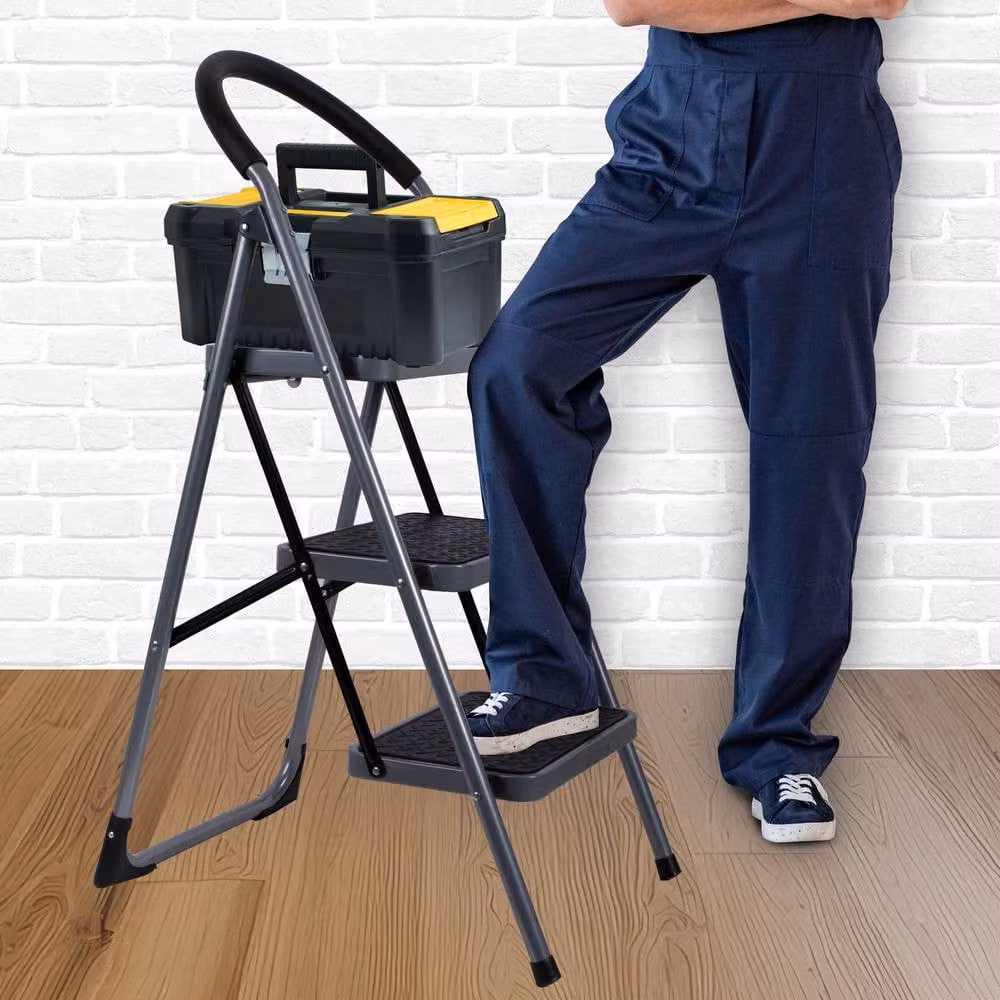 Futura 3 Step Ladder Premium Grey, Heavy-Duty Steel Folding Step Stool with Rubber Feet – 3