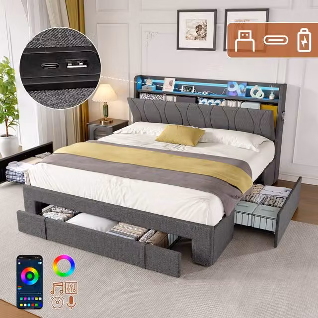ModernLuxe Upholstered Double Bed in Grey with 3 Drawers and LED Storage Headboard with USB Charging Port, W/D/H: 140 x 200 x 106 cm