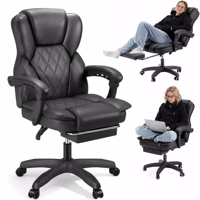 FORGEVIO Black Synthetic Leather Executive Office Chair with Headrest and Armrests – 1