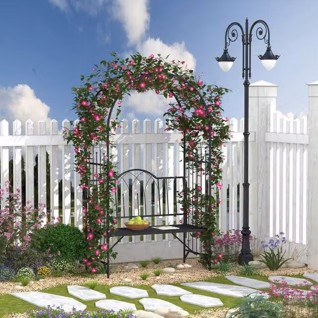 OUTSUNNY Classic Metal Garden Arch Bench and Trellis Arbor in Matt Black – 1