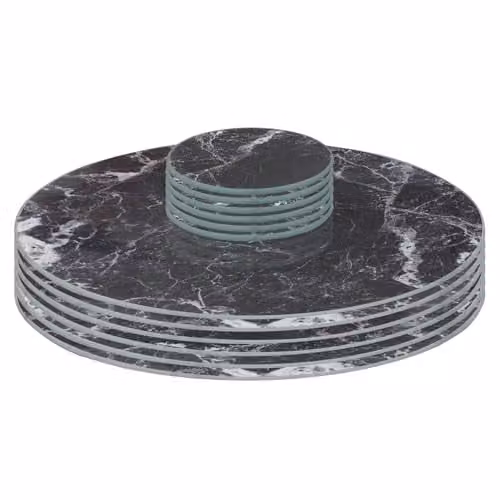 Harbour Housewares 12pc Round Glass Placemats and Coasters Set in Black Marble Effect, Diameter: 30 cm