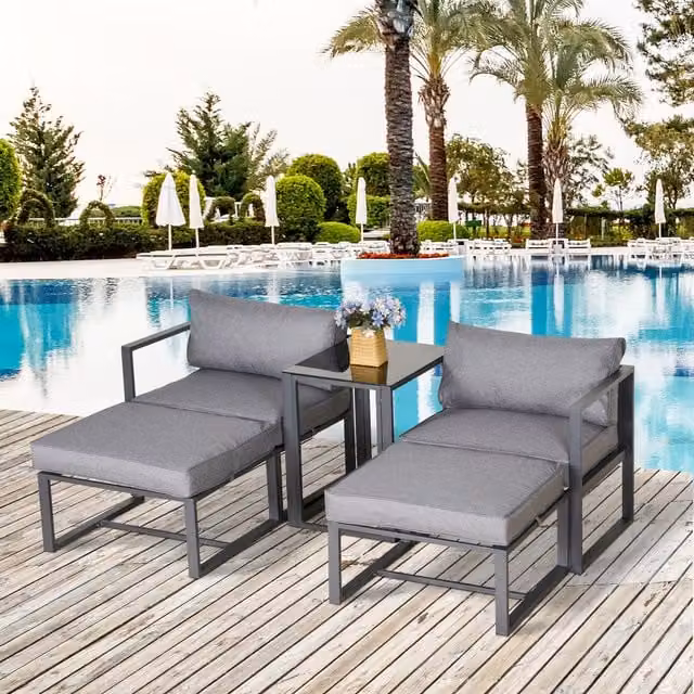 Outsunny 5 Piece Grey Upholstered Garden Conversation Set with Cushions, Lounge Armchair, Ottoman and Coffee Table