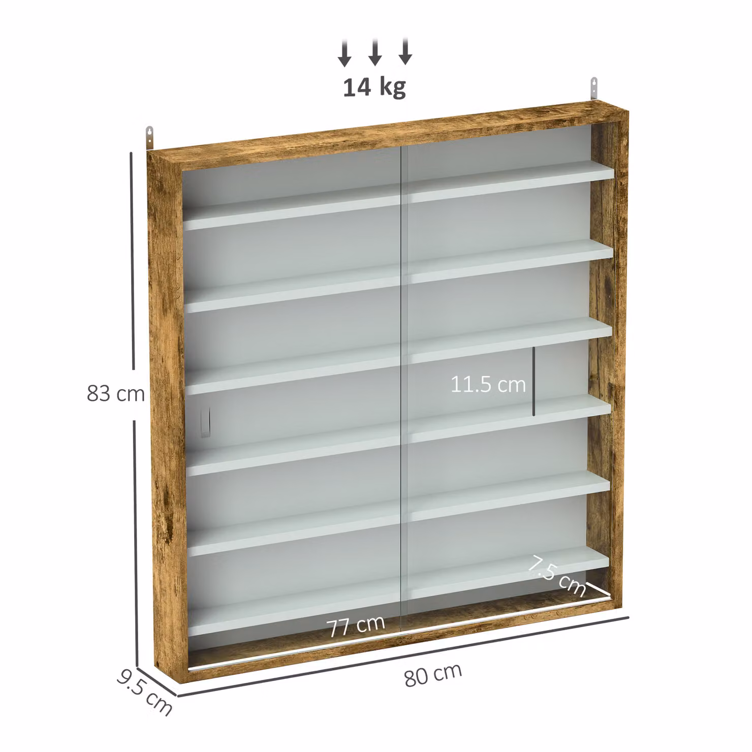 HOMCOM 7-Tier Wall Mounted Display Shelf Unit with Glass Doors and 6 Adjustable Shelves, Rustic Brown, W: 80 cm, H: 83 cm – 3