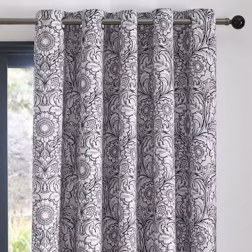 Ulster Weavers Laurence Llewelyn-Bowen Black and Natural Floral Blackout Curtains, Thermal Insulated Boho Mandala Drapes, W: 229 cm, H: 183 cm – 2