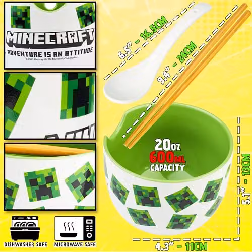 Get Trend Minecraft Ramen Bowl Set, Multicolour Ceramic Japanese Rice Noodles Bowl with Ceramic Spoon and Bamboo Chopsticks, 600ml – 5