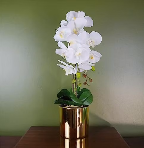 Leaf Large White and Gold Artificial Potted Orchid