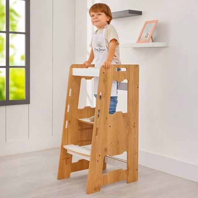 Minera Montessori Learning Tower Kitchen Helper for Toddlers in Natural and White Wood