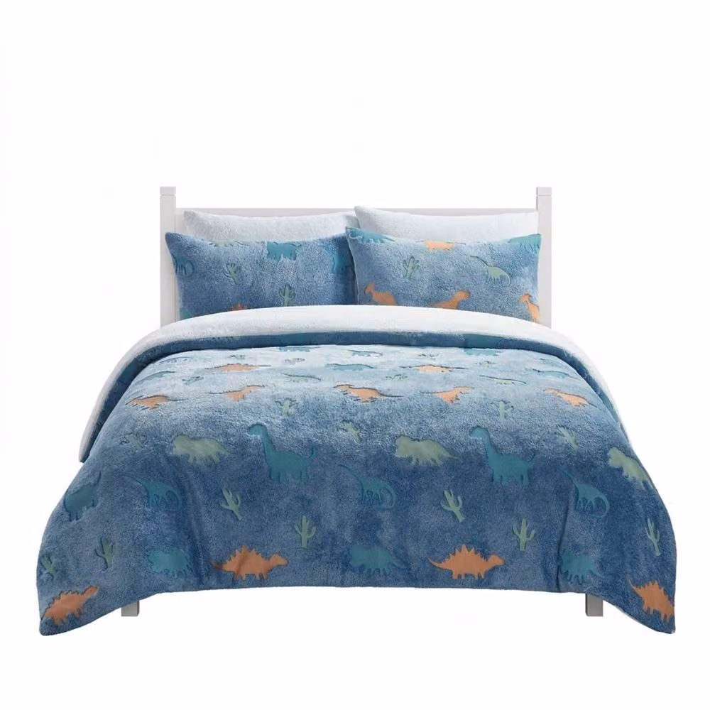 Snug City Glow in the Dark Teddy Dinosaur Design Kids Duvet Cover Set, Blue Multicolour, 140 x 200 cm – 2