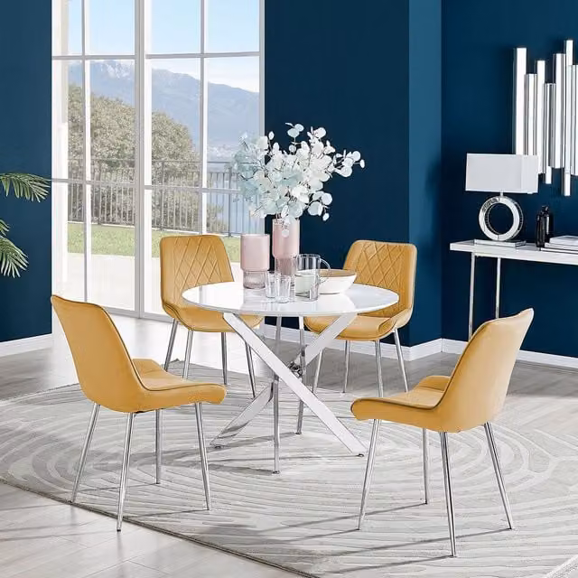 FurnitureboxUK Novara White High Gloss Round Dining Table with 4 Pesaro Silver Chairs in Mustard