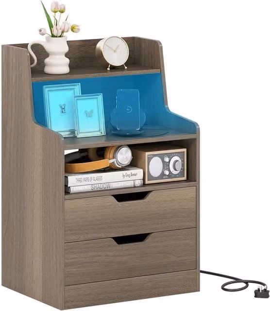 Costway Grey Wooden LED Nightstand with Charging Station and 2 Drawers