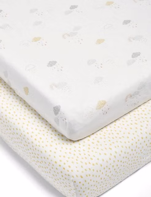 Mamas & Papas Dream Upon a Cloud Cotbed Fitted Sheets, 2 Pack, Multi-Colour and White Cotton