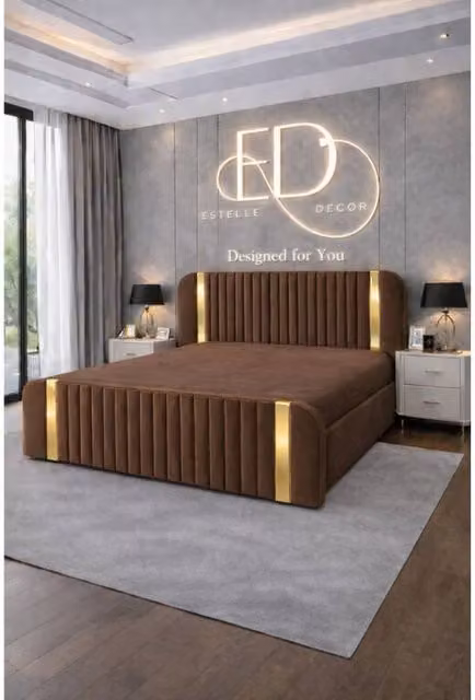Stratus Interiors Aura Rounded Panel Bed Frame with Ottoman Storage, Brown Velvet with Gold Accents, W/D/H: 150 x 200 cm