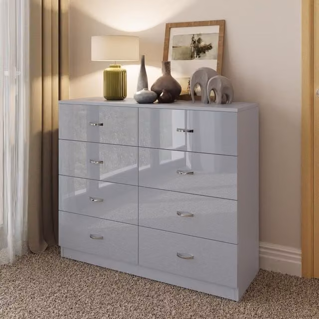 FWStyle 8 Drawer Gloss Effect Chest Of Drawers Modern Bedroom Furniture in Grey