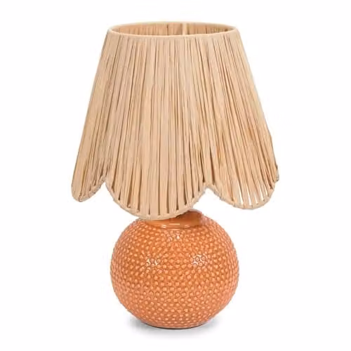 ValueLights Sebby Peach Ceramic Sphere Table Lamp with Beige Rattan Shade