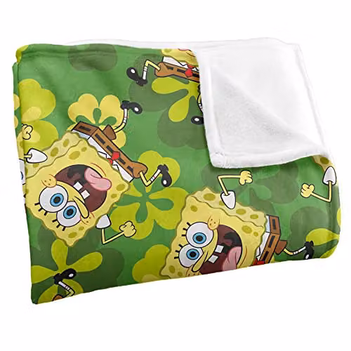 LOGOVISION Nickelodeon Spongebob St. Patrick's Pattern Super Soft Silky Fleece Blanket, Multicolour and Green, W/D/H: 91.44 x 91.44 x 147.32 cm – 3